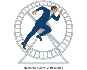 business man running on hamster wheel isolated on a white background