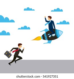 business man running and other business man on a rocket vehicle. colorful design. competitive business concept. vector illustration