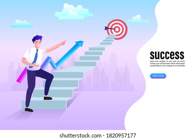 A business man running up the stairs to the goal. Successful winner achievement, growth and climbing to staircase. Vector illustration