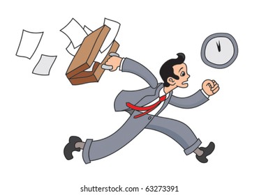 Business man is running with suitcase and papers