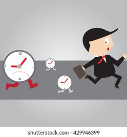 Business man running with the time, vector illustration