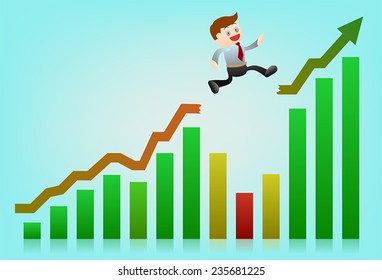 Business man running top of graph and jump at broken