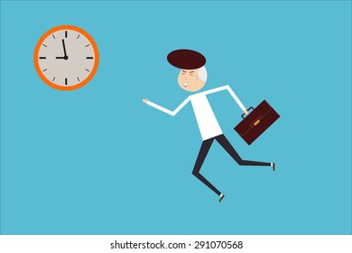 business man running to work with clock