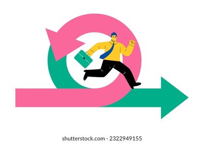 Business man runs along the arrow. Flat vector illustration isolated on white background