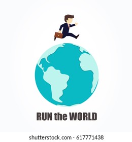 Business man runs around the world. Vector flat cartoon illustration