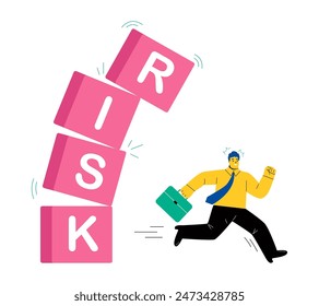 Business man runs to avoid the blocks that are about to collapse. Avoid high risks. Flat vector illustration isolated on white background