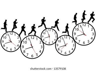 A business man runs in a hurry runs on time. Through the business day on a row of time clocks. Animation-like sequence of frames.