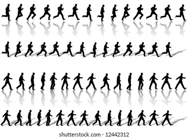 A business man runs & power walks to success in animation' sequence frame loops, with reflection and shadow. Use cels as elements,  sequences as borders.