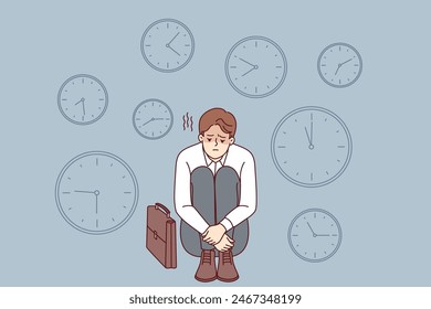 Business man is sad because of lack of time and problems with missing deadlines causing troubles at work. Guy sits among crowds and suffers from depression after new task with unfair deadlines