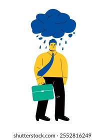 Hombre de negocios con expresión de cara triste y nube de lluvia sobre su cabeza. Concepto de problemas. Ilustración vectorial plana aislada sobre fondo blanco
