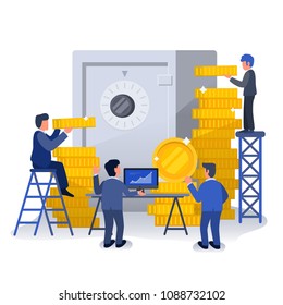 Business Man with Safety Box and Gold Coins, Business Strategic Meeting, Wealthy Company, Success Company, Money management Illustration