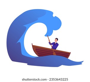 Business man sailing forward on a big wave. Moves on the way to achieving, to business success. Risk management, strategy in financial crisis storm vector flat illustration isolated on white