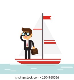 Business man sailing and looking for future