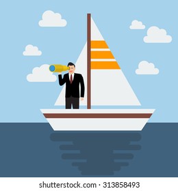 Business man sailing and looking for future. Business concept