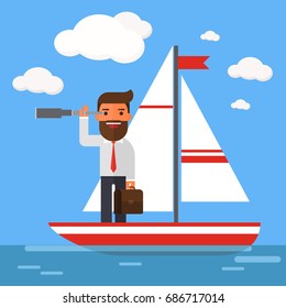 Business man sailing and looking for future