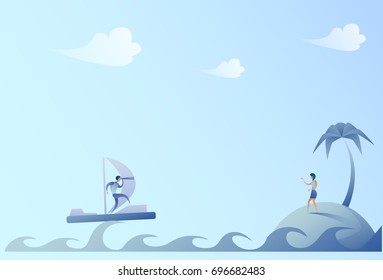 Business Man Sailing On Boat Looking With Binocular Businesswoman On Island Success Concept Vector Illustration