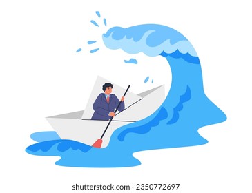 Business man sailing on paper origami boat forward on big wave. Moves on the way to achieving, to business success. Risk strategy in financial crisis storm vector flat illustration isolated on white