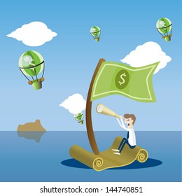 Business man sailing in the sea with money boat, EPS10 vector format
