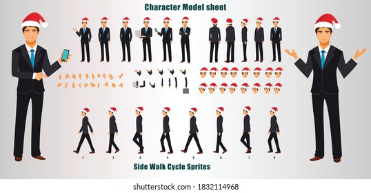 Business Man Santa Character Design Model Sheet with walk cycle and run cycle animation.  Man Character design of Front, side, back view and explainer animation poses. Character set with lip sync.  