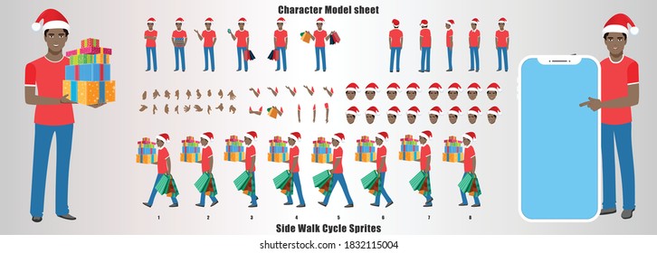 Business Man Santa Character Design Model Sheet with walk cycle and run cycle animation.  Man Character design of Front, side, back view and explainer animation poses. Character set with lip sync.  