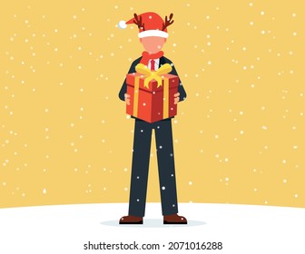 Business man in Santa Claus hat giving gift box.Christmas celebration and New Year concept