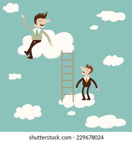 Business man sat on cloud with ladder. Vector cartoon illustration