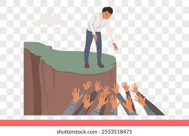 Business man saves colleagues in need of support during crisis, stands on rock near hands raised up. Guy leader takes care of subordinates who are in trouble and shows support to people