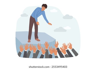 Business man saves colleagues who have fallen down and are raising hands up asking for help. Businessman demonstrates compassion, saves employees who are victims of financial crisis and layoffs