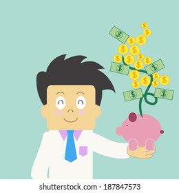 Business man saves money and money tree grows