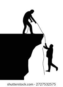 Hombre De Negocios Salvando Sus Siluetas De Socio De Trabajo. Cooperación y trabajo en equipo, personas en peligro Arte vectorial
