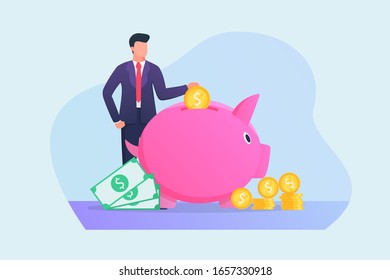 business man saving money in piggy bank concept with flat style