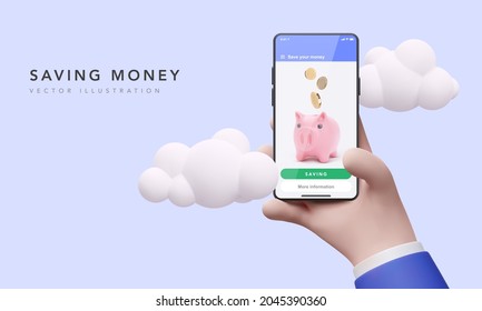 Business man saving money in piggy bank online. 3d concept of profit etc. Vector illustration