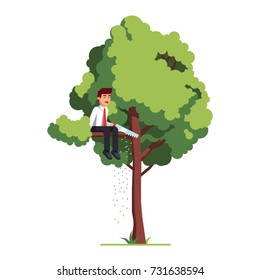 Business man sawing off the tree branch he is sitting on out of sheer stupidity. Flat style vector illustration isolated on white background.