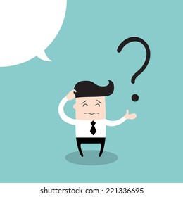 Business man scratches his head in indecision on a question mark. Business concept.  Vector illustration