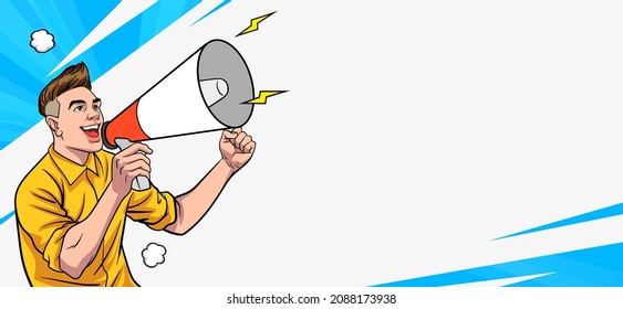 Business man screaming with a megaphone on banner pop art comics style