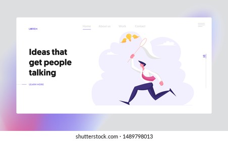 Business Man Searching Inspiration Creative Idea Website Landing Page. Businessman Chasing Flying Light Bulb Trying to Catch it with Butterfly Net Web Page Banner. Cartoon Flat Vector Illustration