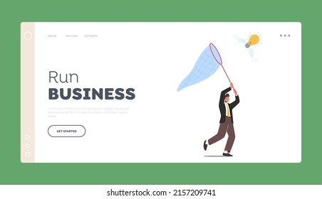 Business Man Searching Inspiration, Creative Idea, Success Landing Page Template. Businessman Character Chasing Flying Light Bulb Trying to Catch with Butterfly Net. Cartoon Vector Illustration