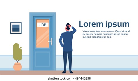 Business Man Searching for Job Interview Candidate Office Room Doors Corridor Hallway Flat Vector Illustration