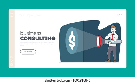Business Man Searching Money Landing Page Template. Character in Formal Suit Holding Huge Flashlight Lighting Up Dollar Sign on Wall, Way to Earn, Uncovering Income Source. Linear Vector Illustration