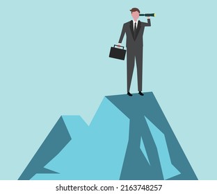 Business man searching for success with telescope. Man in a business suit stands on top of a mountain