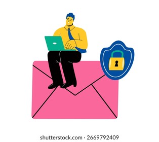 Homem de negócios protegendo mensagens de e-mail privadas. Ilustração de vetor plano isolada no plano de fundo branco
