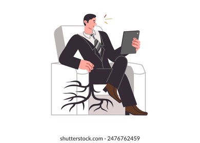 Business man with sedentary lifestyle runs risk developing osteochondrosis and problems with spine. Manager uses gadget taking root through chairs due to long lack of movement and sedentary lifestyle.