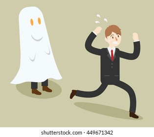 business man see a ghost. prankster people. funny worker in office. cartoon vector illustration