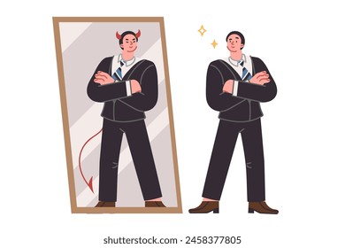 Business man seeing devil in reflection in mirror, for concept of duplicity and hypocritical behavior. Guy is fraudster, evil on inside and kind on outside, showing hypocritical smile to mislead