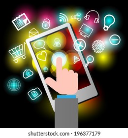 Business man selecting  mobile application icon on a touch screen