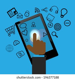 Business man selecting  mobile application icon on a touch screen