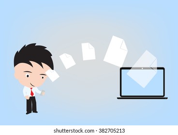 Business man send document, file sharing via cloud computing technology concept with mobile phone, vector illustration in flat design