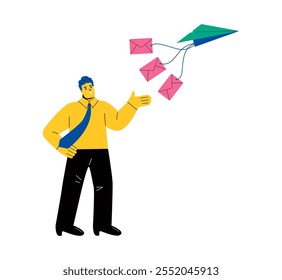 Empresário enviando avião de papel com e-mail. Compartilhamento de informações, notícias. Ilustração de vetor plano isolada no plano de fundo branco
