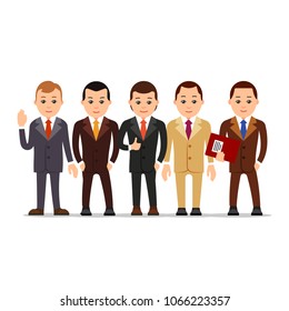 Business man. Set of businessman character in various poses. Man in suit, shirt and tie. Set cartoon illustration isolated on white background in flat style.
