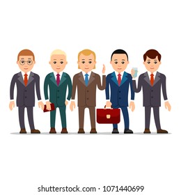 Business man. Set of businessman character in various poses. Man in suit, shirt and tie. Set cartoon illustration isolated on white background in flat style.
